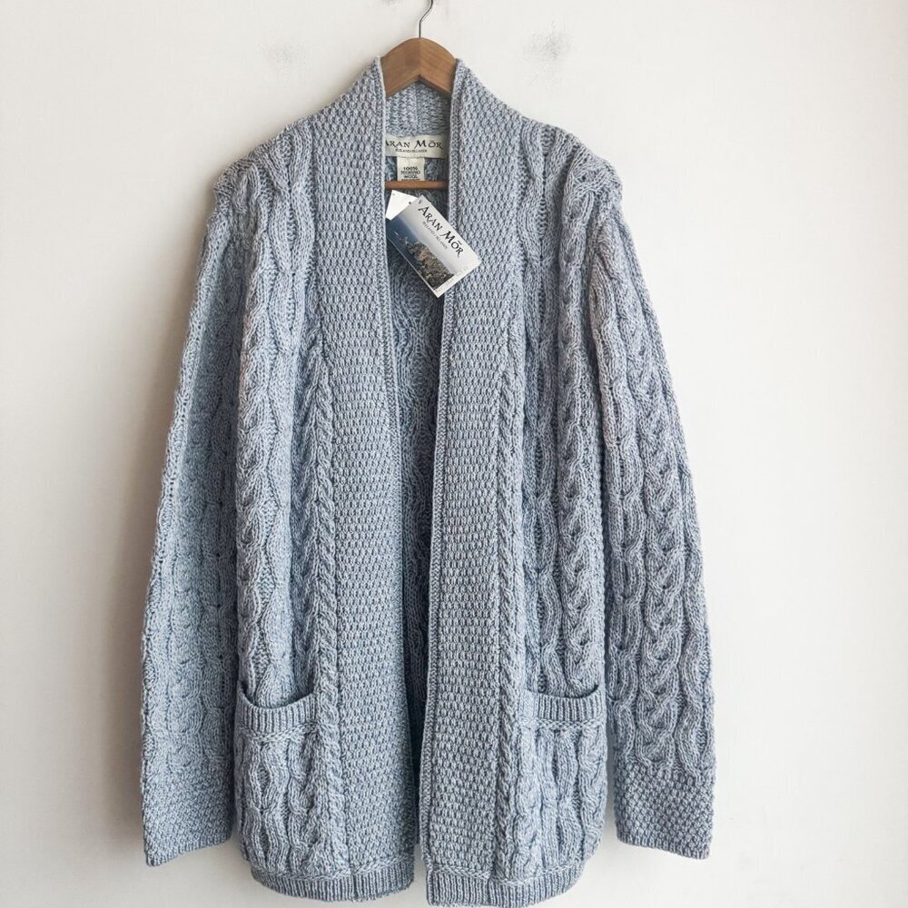 Aran Mor Merino Wool Cable Knit Blue Open Front Cardigan XL - Picture 3 of 6